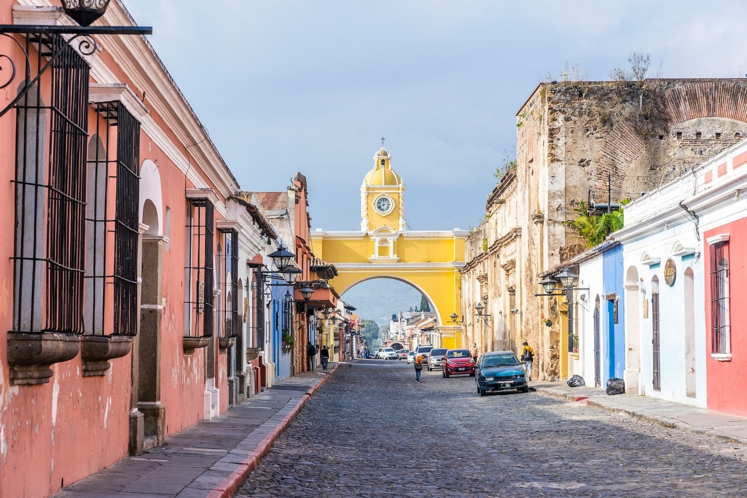 Santa Catalina Arch framing the Agua volcano in Antigua, Guatemala