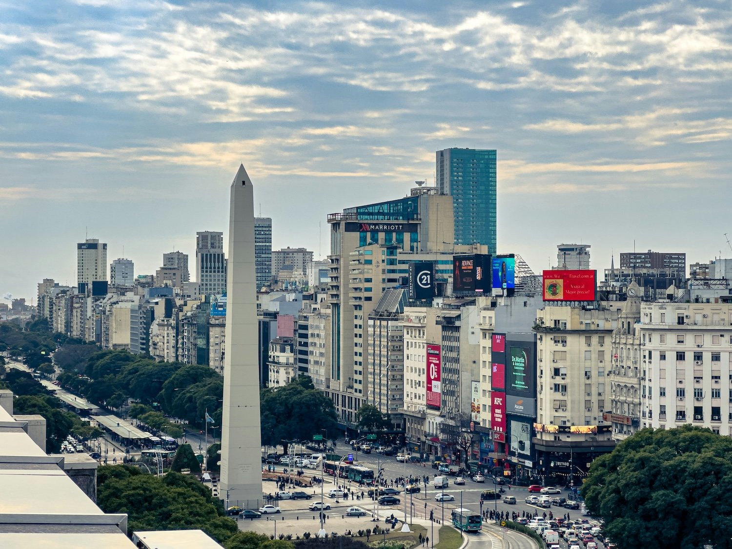 The Obelisco monument on Avenida 9 de Julio in Buenos Aires, Argentina