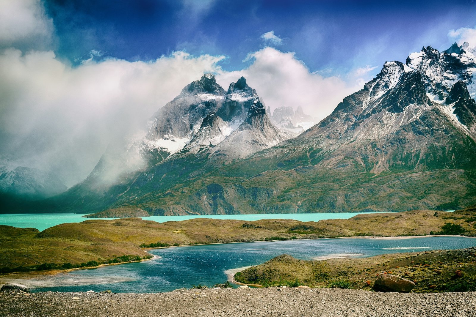 Torres del Paine granite towers above turquoise glacial lakes, Chilean Patagonia