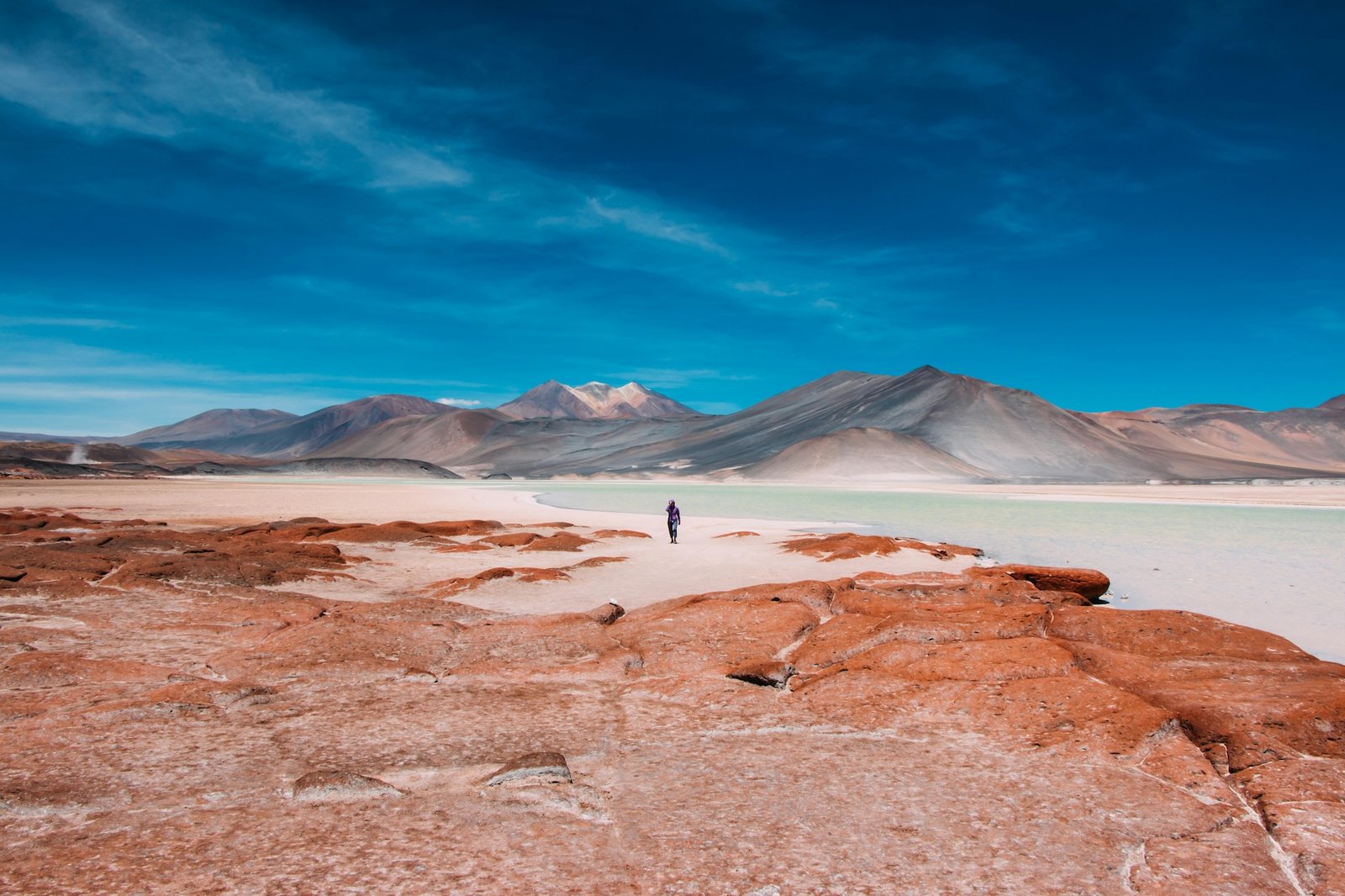 Lone traveller crossing the Atacama salt flats with volcanic peaks beyond, Chile