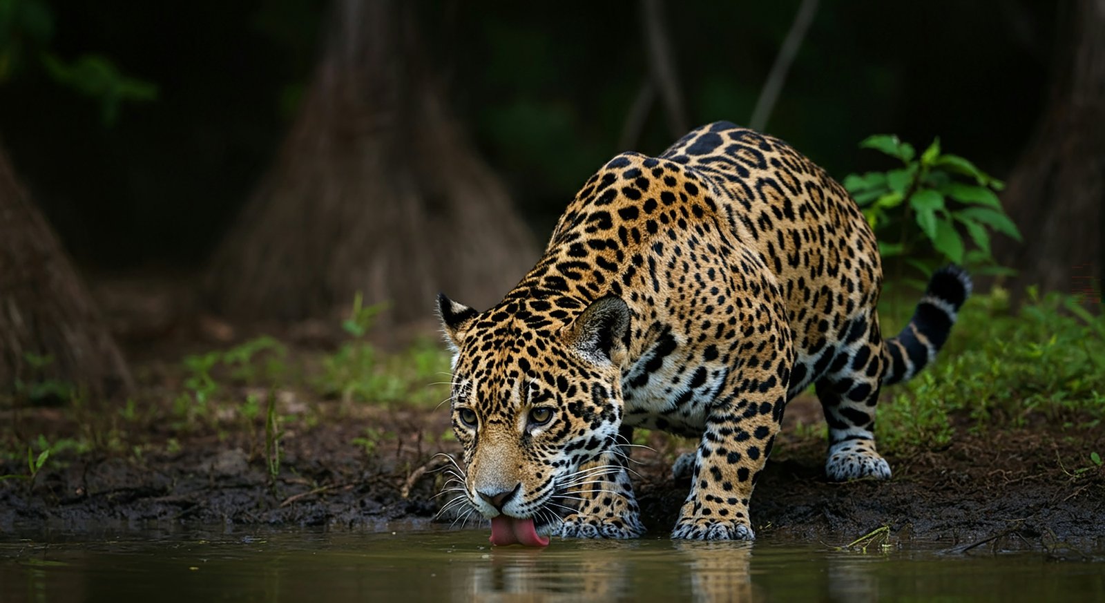 A jaguar crouches at a riverbank in Brazil's Pantanal, tongue touching the water