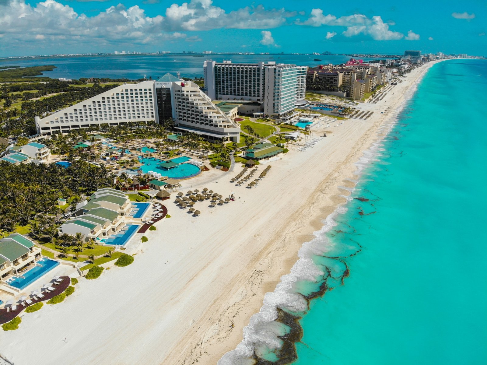 Aerial view of Cancún's hotel zone along the turquoise Caribbean Sea