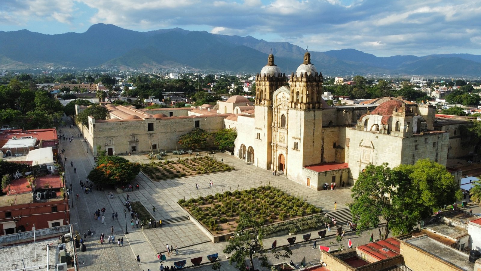 Aerial view of Santo Domingo de Guzmán church and its forecourt in Oaxaca, Mexico