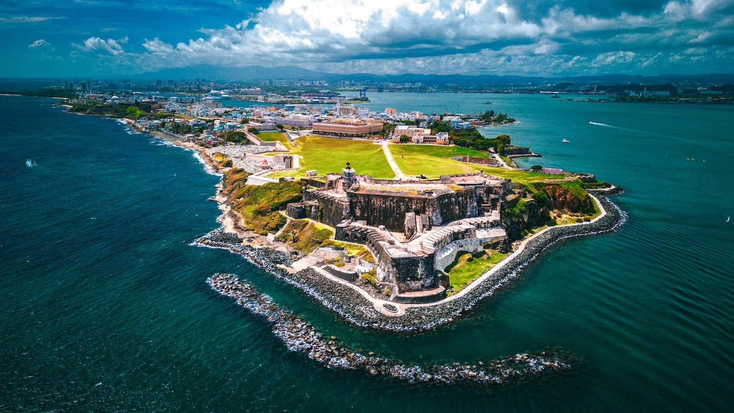 Aerial view of Castillo San Felipe del Morro fortress at the tip of Old San Juan, Puerto Rico