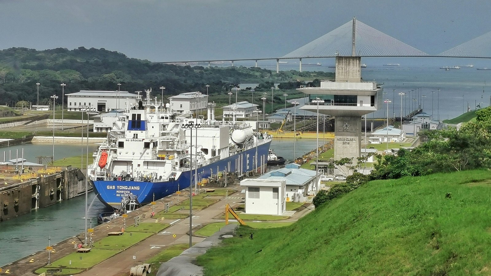 Container ship passing through the Agua Clara locks of the Panama Canal