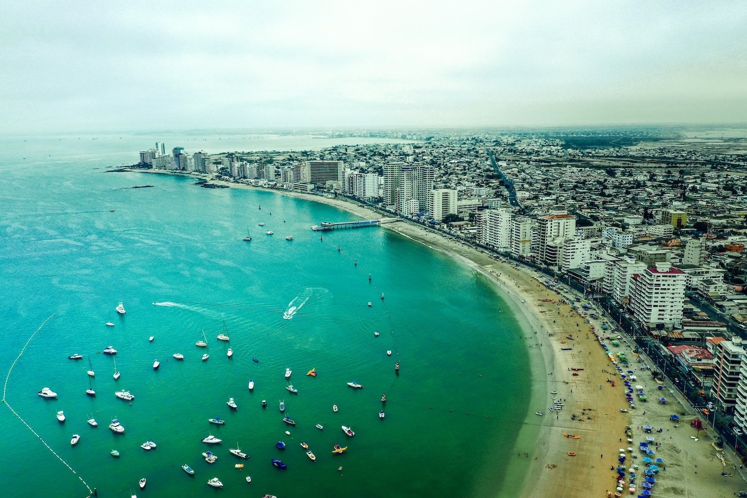Aerial view of Salinas, Ecuador with beaches, oceanfront development and the Pacific coast
